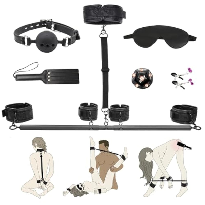 Spreader Bar Bdsm Bondage Restraints Kit 11Pcs Sex Toys Handcuffs Ankle Collar Cuffs Nipple Clamps Ball Gag Blindfold Paddle Dice Pu Leather Lace Pattern Adjustable Adult Games For Couples