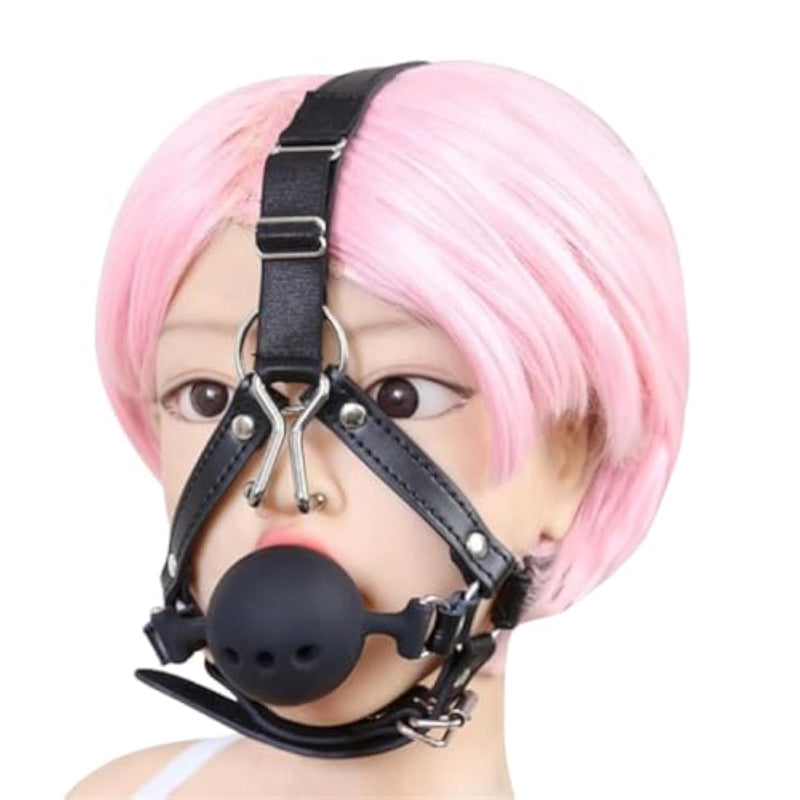 Bdsm Ball Gag Harness – Bdsm Silicone Mouth Gag Metal Nose Hook Sex Adult Products Open Mouth Ball Gag With Adjustable Harness Bondage Toy(Black)