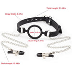 Silicone Ball Gag O Ring Open Mouth Gag Adjustable Strap Bondage Harness Restraints (Black W/Nipple Clamps)
