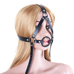 Leather Mouth Gag with Adjustable Head Harness for BDSM Bondage Play