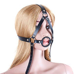 Ring Gag with Head Harness Restraint Leather Mask Fetish Mouth Gags Bondage Toys for Couple Adult BDSM Sex Products (Ring diameter:1.5 inch, Black)