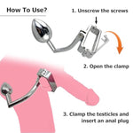 Stainless Steel Cbt Testicle Crusher 2-In-1 Butt Plug Anal Hook Scrotum Stretcher With Locking Bondage Chastity Device Bdsm Training Kit For Kinky Advanced Sensation Play Male Torture Games Couples