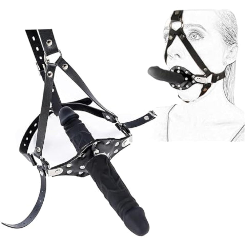Silicone Penis Mouth Gag, Double Head Dildo Mouth Gag, Fetish Cock Gag Bondage, Leather Body Harness Restraint Strap-On Muzzles Mouth Spreader Oral Plug, Bdsm Adult Sex Toys