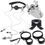 Bdsm Restraint Set Adult Sex Toys With Ball Silicone Gag, Nipple Clamps, Sm Leather Whip, Wrist And Thigh Cuffs, Ankle Shackles And Blindfold Are Included.