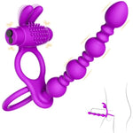 Vibrating Cock Ring With Anal Beads And Bullet Vibrator - 10 Strong Modes - Penis Ring Adult Sex Toys For Men And Women Provides Clitoral, G Spot, And Butt Plug Stimulation For Couples