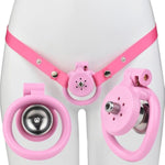 Pink Male Flat Sissy Chastity Device Sex Toy Set Whit 4 Rings & Belt, Inverted Negative Chastity Devices Locked Small Cock Cage Adult Penis Sm Bondage Sex Toys For Gay Men Professionals