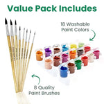 Kids Washable Paint Set for Toddlers, 18 Pots, 8 Brushes Gift Bundle