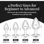 Jewel Butt Plug Beginner 4 Piece Set - Extra Small, Small, Medium, Large - Wide Base Prevents Slippage - Metal Anal Sex Adult Toy For Men & Women - Silver & Black - Circle Shaped Charm