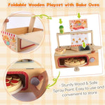 Wooden Pizza Toy Set For Kids, 68Pcs Montessori Pretend Play Food Toys, Wooden Pizza Counter Playset With Bake Oven & Toy Dishes, Develop Imagination, Ideal Gift For Boys & Girls Aged 3+