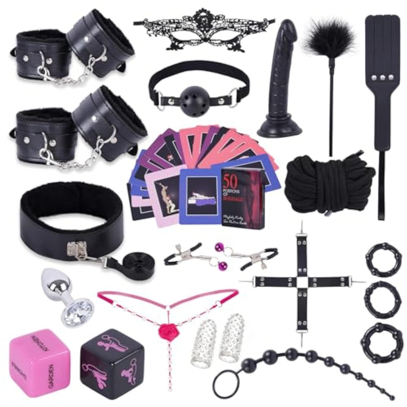 Bdsm Kit Bondage Restraints Set For Adult, 25 Pcs Bondage Gear & Accessories With Adjustable Handcuffs Ankle Thigh Cuffs Sm Sex Toy For Women Couples