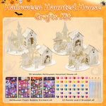 4 Set 3D Wooden Haunted House Craft Kit with Paints, Brushes & Stickers