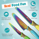 Kids Knife Set For Real Cooking | Skin Safe Chef Set For Ages 3+ With Rainbow Blades, Cutting Board, Scraper, Recipe Cards | Jr Chef Cooking Gift For Teens & Kids (16 Pcs)