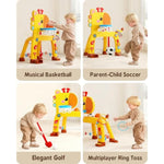 4-In-1 Toddler Golf Ring Toss Basketball Hoop & Soccer Goal Sport Toys For 1-3 Year Olds, Baby Activity Center With Lights Bilingual Music & Vol Ctrl Gift For Boys Girls(H 24.4"-27.5") (Yellow)