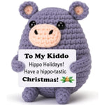 Gift Forwomen, Small Stuffed Animal For Christmas Stocking Stuffers, Gray Crochet Hippo/Hippopotamus 4" Handmade Amigurumi With Greetings, Desk Decor