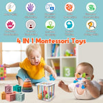 Montessori Baby Toys - Pull String Teether, Stacking Blocks, Sensory Shapes Storage Bin, Infant Bath Time Fun, 4 In 1 Toddlers Toy For Baby Boys Girls