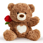 Christmas Rose Teddy Bear Stuffed Animals Soft Plush Toy Teddy Bear With Rose For Mom Thanksgiving Day Birthday Wedding Gift For Girlfriend Kids, 10", Brown