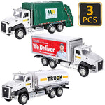 3 Pack Diecast Transport Vehicles Set - Garbage Truck, Tanker, Delivery Truck 1:50 Scale Pull Back Metal Model Car Toys For Boys
