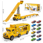 Transport Truck Toys For 3 4 5 6 7 Years Old Boys,Toy Cars Track Set Transporter Trucks With 12 Die-Cast Car Toys 2 Race Catapults Dual-Track Model,Toddler Set For Kids Boys Girls,Yellow