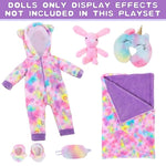 American 18" Doll Clothes And Sleep Bag Accessories,Sleepover Outfit Set Fits 18 Inch Dolls Include Rainbow Costume,Unicorn Style Pillow,Eye Mask,Shoes,Animal Toy Gifts For Girls (No Doll)