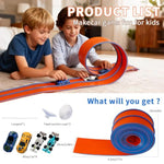 Flex Race Car Track 15 Ft Starter Set For Kids Age 3+, Rolls Up Portable Track Playsets Compatible With Diecast 1/64Th Cars, Long Kid Cars Ramp With Suction Cups For Indoor & Outdoor