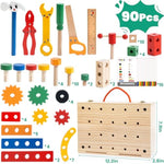 Wooomam Kids Tool Set, 90 Pcs Wooden Toddler Tool Set With Box And Flash Cards, Tool Kit For Kids Age 3-5 Years, Toddler Boy Toys, Fsc Certified Material