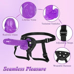 8.3Inch Purple Strap On Dildo - Stylish Perforated Leather Strap-On Harness With Comfortable Plush Lining - Set Of 2