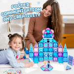 Diamond Magnetic Tiles Set 145Pcs With Magnetic Doodle Kit, 3D Blocks Magnet Toys For Girls 3 4-7,8-12, Stem Toys Princess Castle Include 2 Stairs 2 Dolls Decals Stickers,3 4 5 6 7 8+ Girls Xmas Gift