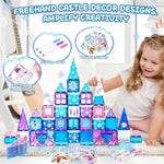 Diamond Magnetic Tiles Set 145Pcs With Magnetic Doodle Kit, 3D Blocks Magnet Toys For Girls 3 4-7,8-12, Stem Toys Princess Castle Include 2 Stairs 2 Dolls Decals Stickers,3 4 5 6 7 8+ Girls Xmas Gift