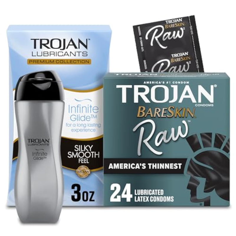 Bundle of TROJAN BareSkin Raw Thin Condoms, Lubricated Condoms for Men, America’s Number One Condom Brand, 24 Count Pack + Trojan Infinite Glide Personal Lubricant, 3 fl oz.