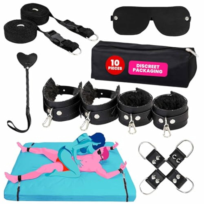 Sex Bondage Restraints Set - 10 Piece Sex Bed Restraints - Bondage Gear & Accessories Sex Straps, Cuffs, Blindfold, Cross, Tickler And Pouch - Bdsm Bed Restraint For Queen Sized Bed