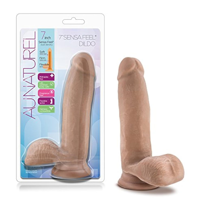 Blush Au Naturel 7" Realistic Latin Dildo W/Balls, 1.75" Girth - Dual Density Lifelike Cock - Suction Cup, Strap-On Compatible - Ultra Soft Anal Flexible Penis Toy For Women, Men & Couples - (Brown)