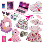 18 Inch Doll Suitcase Travel Luggage Play Accessories, Doll Clothes Accessories Carrier Storage Set, Case, Hat, Sunglasses, Camera, Pillow, Toy Pet