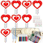 16 Pack Valentine’s Day Heart Wind Chime Craft Kit, DIY Wooden Coloring Activity