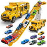 Transport Truck Toys For 3 4 5 6 7 Years Old Boys,Toy Cars Track Set Transporter Trucks With 12 Die-Cast Car Toys 2 Race Catapults Dual-Track Model,Toddler Set For Kids Boys Girls,Yellow