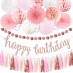 Birthday Party Decorations 22 Pcs, Birthday Celebration Decoration Set, Rose Gold Party Decor, Paper Fans, Lanterns, Pom Poms, And Tassels For Birthday Celebrations