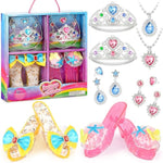 Princess Dress Up Shoes Set Girls Role Play Shoes Toddler Pretend Jewelry Toys Set Gift Set 2 Pairs Of Shoes Kit Collection Of Tiara Crown Earrings Necklace Rings For Girls Aged 3-6 Years Old