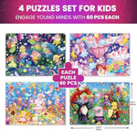 4X60 Piece Puzzles For Kids Ages 4-6 – Glow-In-The-Dark Puzzles For Kids 4-8 I Unicorns, Mermaids, Fairy Tale I Fun Educational Toddler Puzzle For Boys And Girls – Educational Game Toys Gift