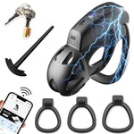 Male Electric Shock Cock Cage Chastity Device Set with 10 EStim Intensities & 3 Rings & Penis Plug & Mobile Remote Control for BDSM Bondage Adult Sex Toys