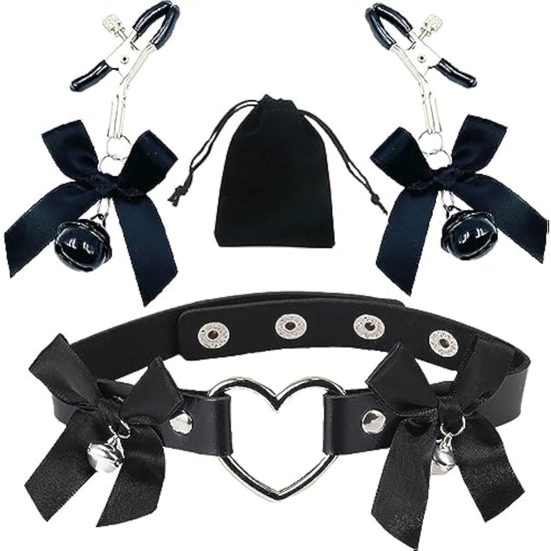 Bow Nipple Clamps Bells Sexual Pleasure Non Piercing Adjustable Chain Nipple Clip On Jewelry Breast Clamps Leather Bow Heart Choker Necklace With Velvet Bag