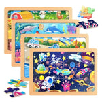 Wooden Puzzles for Kids, 12 Piece Vehicle, Farm, Space, and Ocean Themes