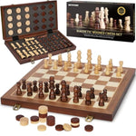 2 In 1 Magnetic Wooden Chess And Checkers Board Game Set, 15" Folding Chess Boards With 2 Extra Queens, Portable Travel Chess Sets With Pieces Storage Slots, Beginner Chess Game Set For Kids, Adults