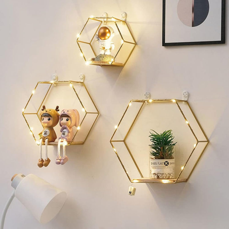 - Hexagon Floating Shelves Wall Decor, Gold Metal Wire And Wood Wall Mounted S