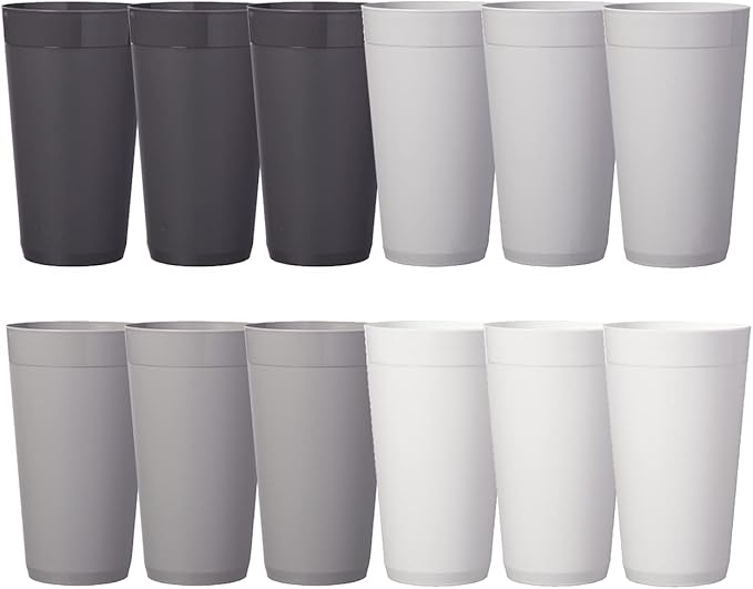 Newport 20 ounce Unbreakable Plastic Stackable Water Tumblers in Grey Stone | Set of 12 Drinking Cups | Reusable, BPA-free, Made in the USA, Top-rack Dishwasher and Microwave Safe