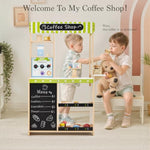 24 Pcs Pretend Play Coffee Shop, Kids Grocery Store Set, Wooden Drive-Thru Window, Coffee Maker, Oven, Cash Register, Bakery Toys Food Accessories Gift For Boys Girls 3+ Years Old