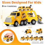 8 In 1 Fire Truck Toy Cars For Kids, Carrier Truck For 3 4 5 6 Years Old Boys Girls Toddlers, Pull Back Cars Set With Music & Light, Birthday Presents For Kids, (Yellow)