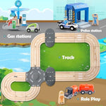 59 Pcs Wooden Train Set For Toddlers, Toy Train With Track For Kids Ages 3-6, Deluxy Double Track City Police Station Railway Playset Gifts For Boys And Girls Ages 3+