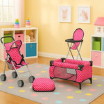 3 Piece Baby Doll Play Set – Polka-Dot Design Pack N Play, Foldable Doll Stroller, High Chair – Fits 18 Inch Dolls – Pretend Play Doll Nursery Accessories Set