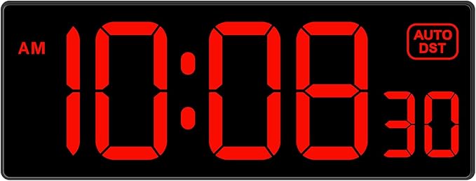 LED Digital Wall Clock, Large Digital Clock Bold Numbers with Seconds for Seniors Visually Impaired๏ผPlug Electric Clock Dimmable Auto DST Large Display 10 Inches (Red)