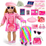 American 18 Inch Doll Clothes Accessories-18 Inch Doll Suitcase-Glasses,Beret,Shoes,Handbag,Camera, Passport,Mobile Phone Travel Set Toys For 3-12 Girls