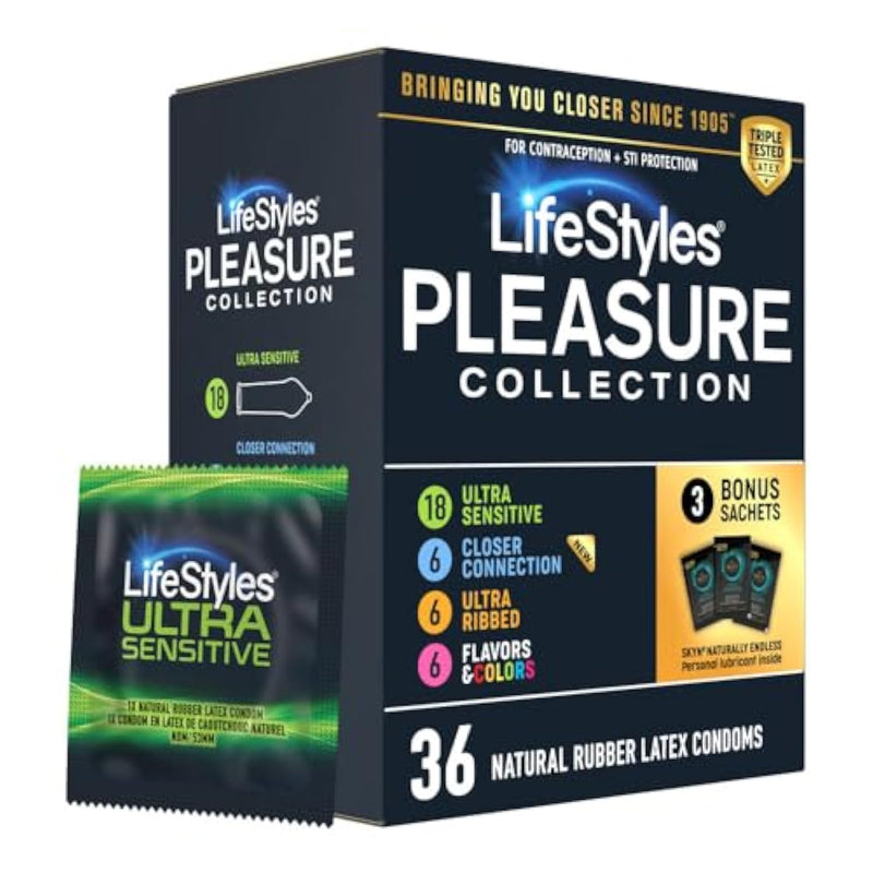 Lifestyles Pleasure Collection Assorted Lubricated Natural Latex Condoms, 36 Count, 3 Bonus Personal Lubricant Sachets, Triple Tested (Pack of 1)?